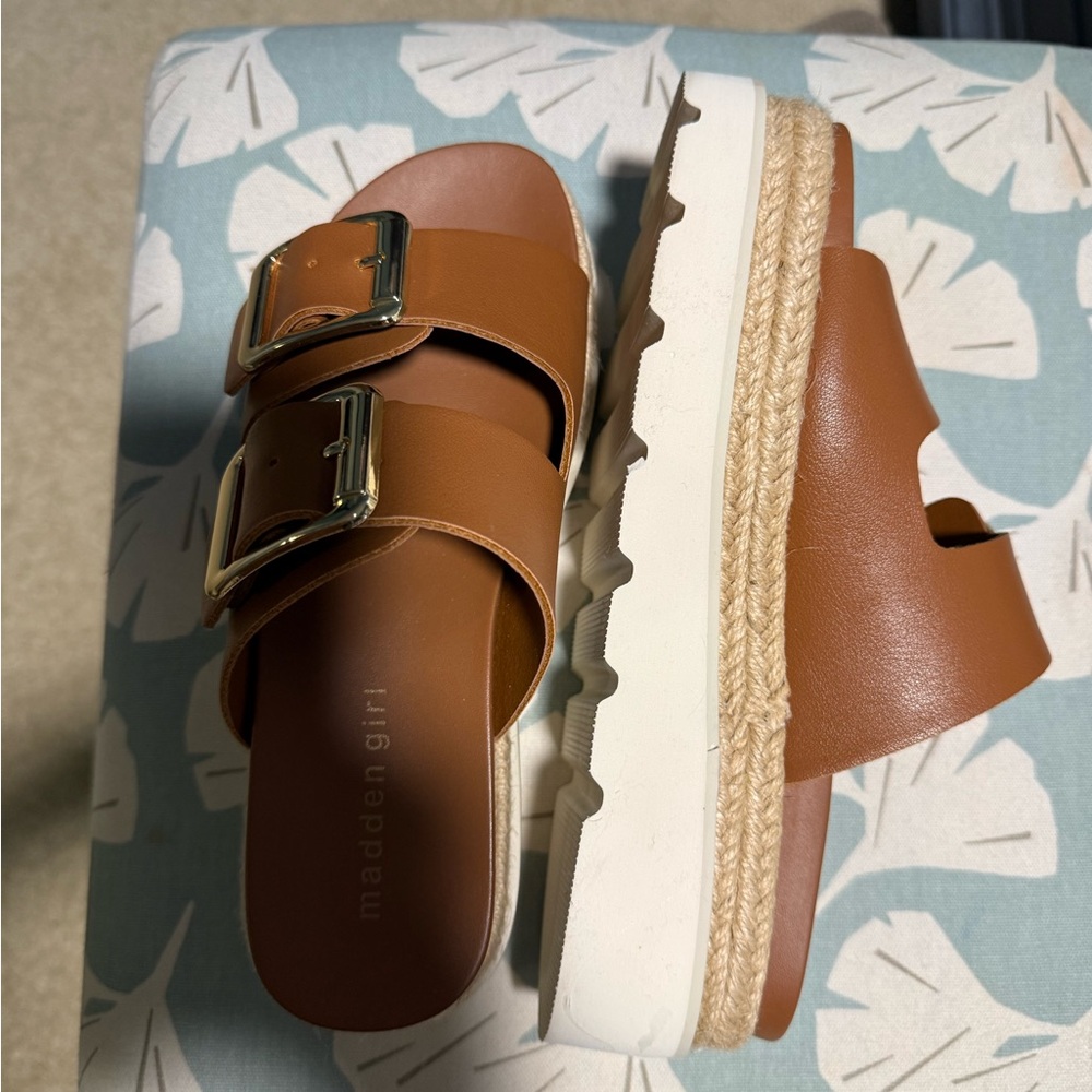 Madden Girl Tan Buckle Slide Sandals